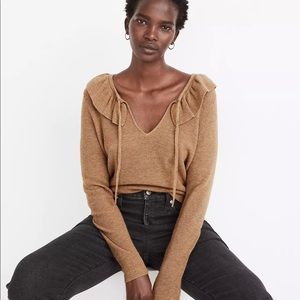 Madewell Tie-Neck Ruffle Pullover Brown Long Sleeve Sweater